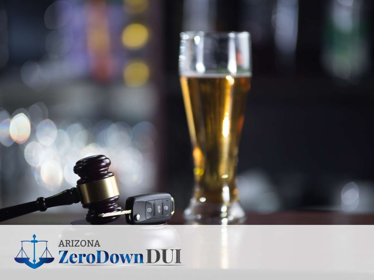 Gavel, car keys, and beer glass symbolizing DUI, highlighting Arizona DUI rates