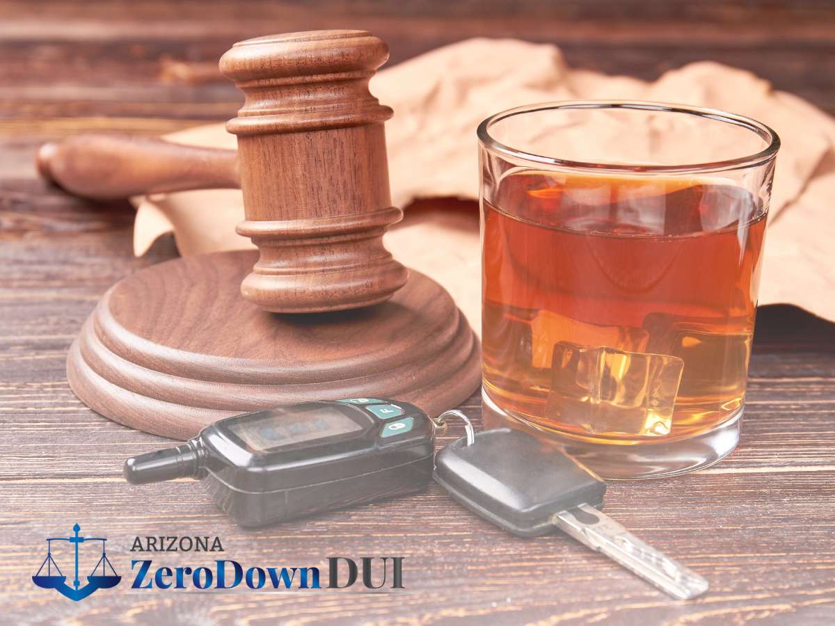 DUI Laws in Arizona with gavel, keys, and alcohol glass